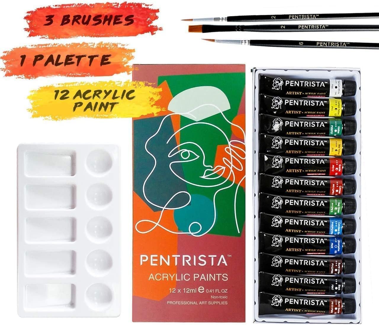 Professional Acrylic Paint Sets, 48 Colors 12ml/0.41 fl.oz Art Paint Tubes with 3pcs Brush + Palette,Heavy Body Acrylic Paints for Artists Adults,Beginners on Canvas Rocks Wood Fabric Craft