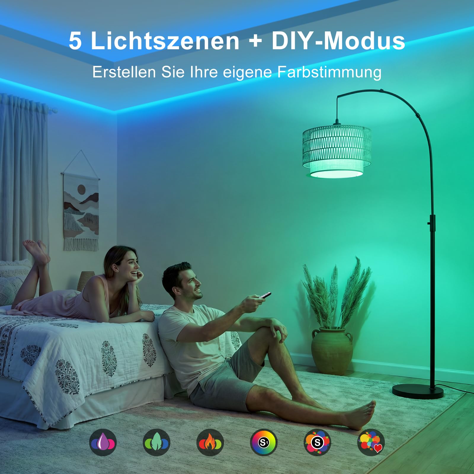 Boho-Bogen Stehlampe RGB, 1600 K Bernsteinlicht/4000K Neutralweiß | 180 cm, 3-in-1-Schirm in Rattan- und Leinenoptik, 10 W 1200 lm, 0,1–100 % dimmbar, Timer, magnetische Fernbedienung