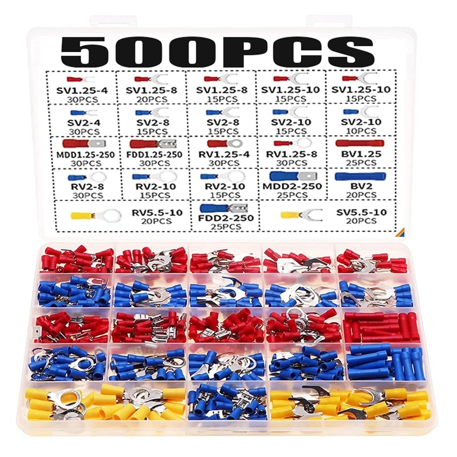 500pcs Spade Crimp Terminal Assorted Electrical Wire Cable Connector Insulated Ring Fork Butt Ring Lugs Rolled Set VUQLDHAYZ