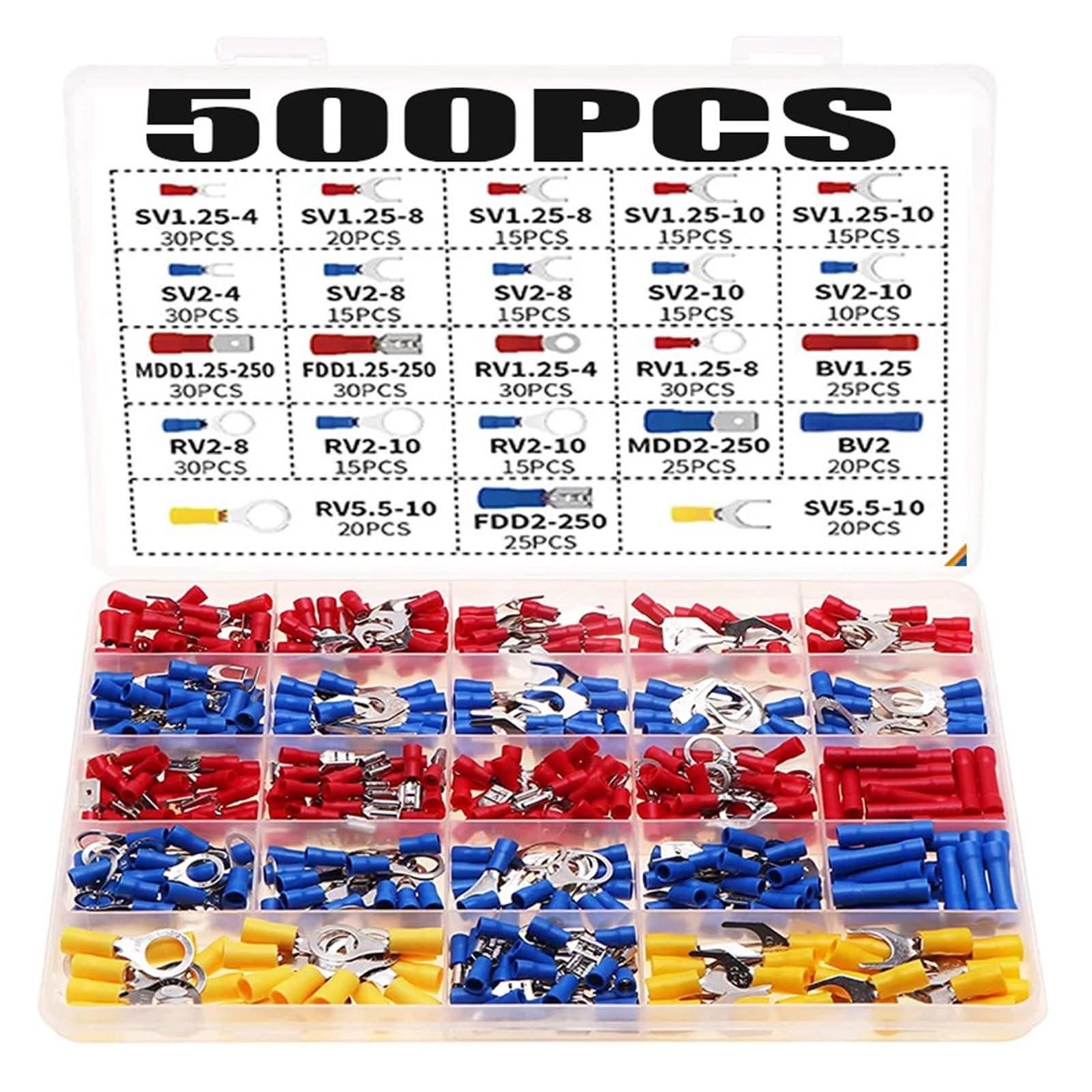 ZDVHOMCB 500pcs Spade Crimp Terminal Assorted Electrical Wire Cable Connector Insulated Ring Fork Butt Ring Lugs Rolled Set