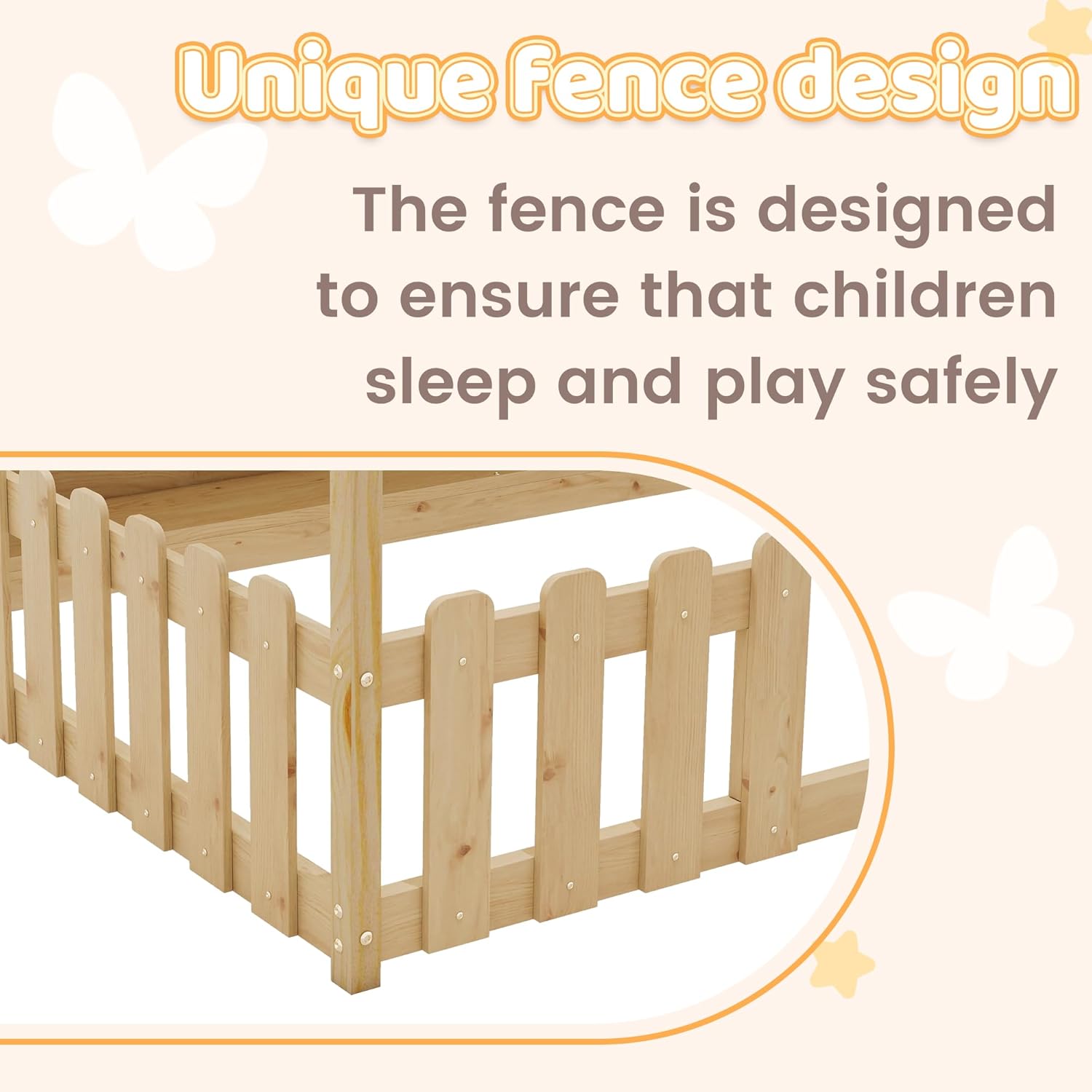 Mirightone Twin Floor Beds, Montessori Floor Bed with Storage Shelves & Fence, Wood Playhouse Bed Frame with LED Lights Strips for Teens, Girls, Boys, White