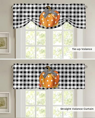 Miniatura 5 de Cortina de cenefa de amarre de 42 x 18 pulgadas para ventanas, diseño de calabaza de Acción de Gracias, color negro y blanco, a cuadros, ajustable,
