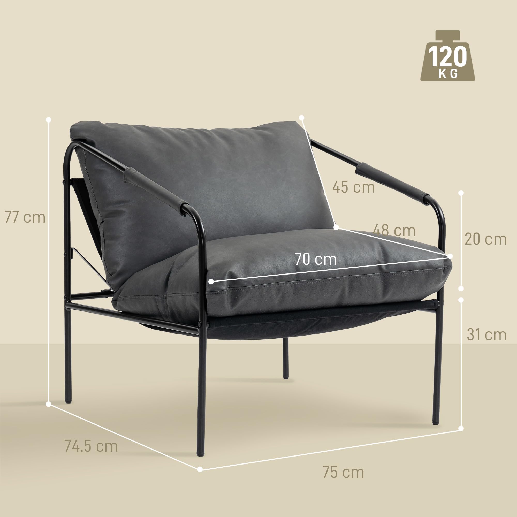 HOMCOM Poltrona da Salotto Imbottita Moderna, Poltroncina Camera da Letto con Cuscini Rimovibile, Braccioli e Telaio in Metallo, Poltrona Relax in Pelle PU per Soggiorno, 74.5x75x77 cm, Grigio Carbone