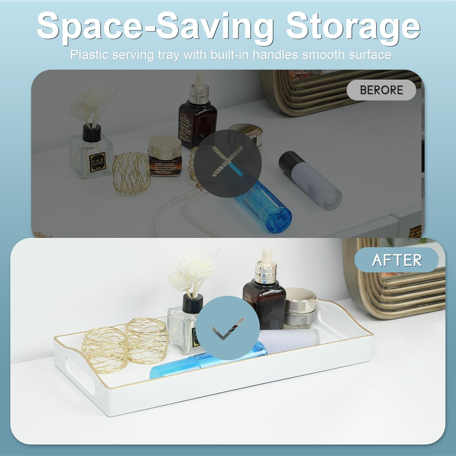 Gifturbo White Bathroom Vanity Tray,Gold Edged Decorative Tray with Handles, Small Rectangular Counter Tray for Perfume, Candle, Jewelry, Cosmetics - Image 5