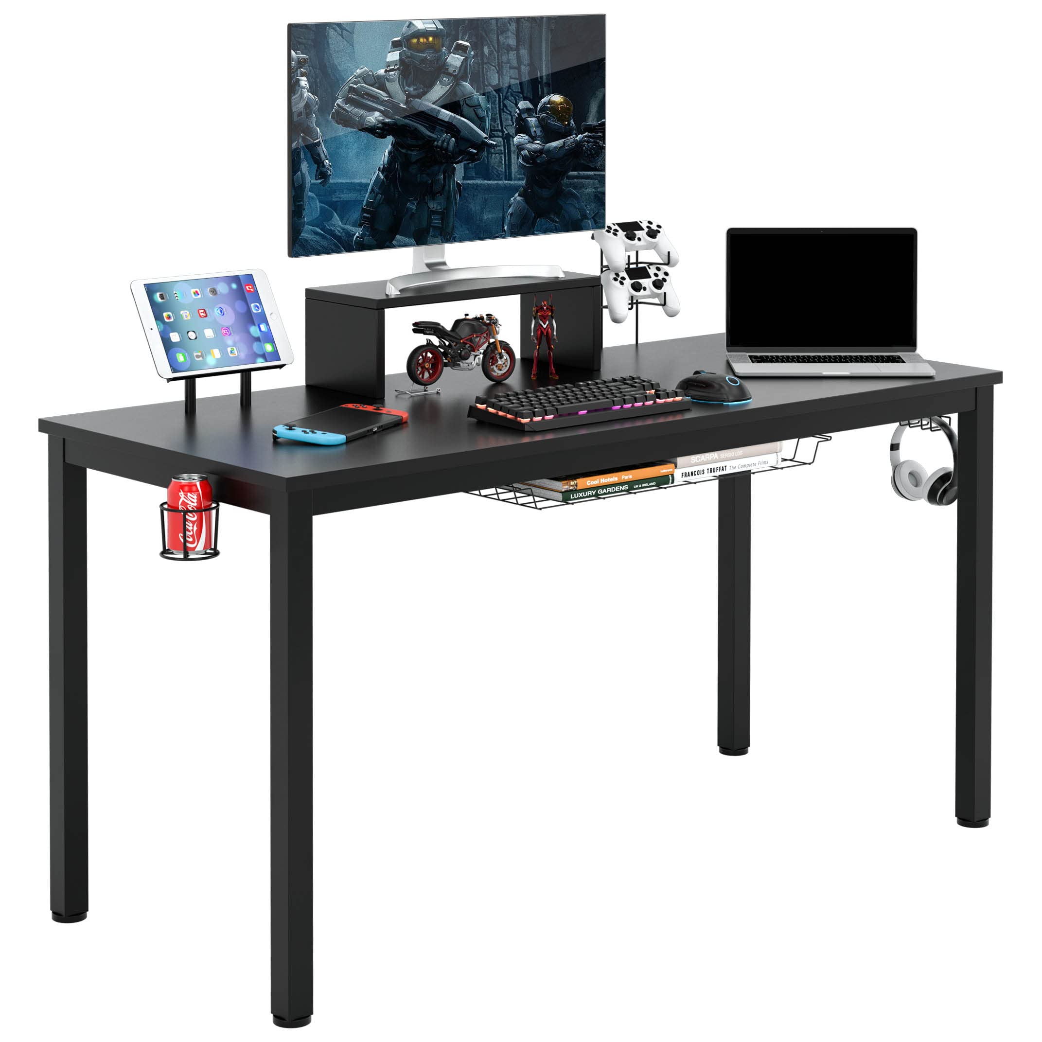 LIFEZEAL Scrivania Computer Gaming, con Supporto di Monitor, Cuffie, Tablet, Portabicchiere, Mensola, Tavolo per Gamer, Studio, Gioco, Postazione di Lavoro, Legno+Metallo, Max 60kg, 140x60x74cm