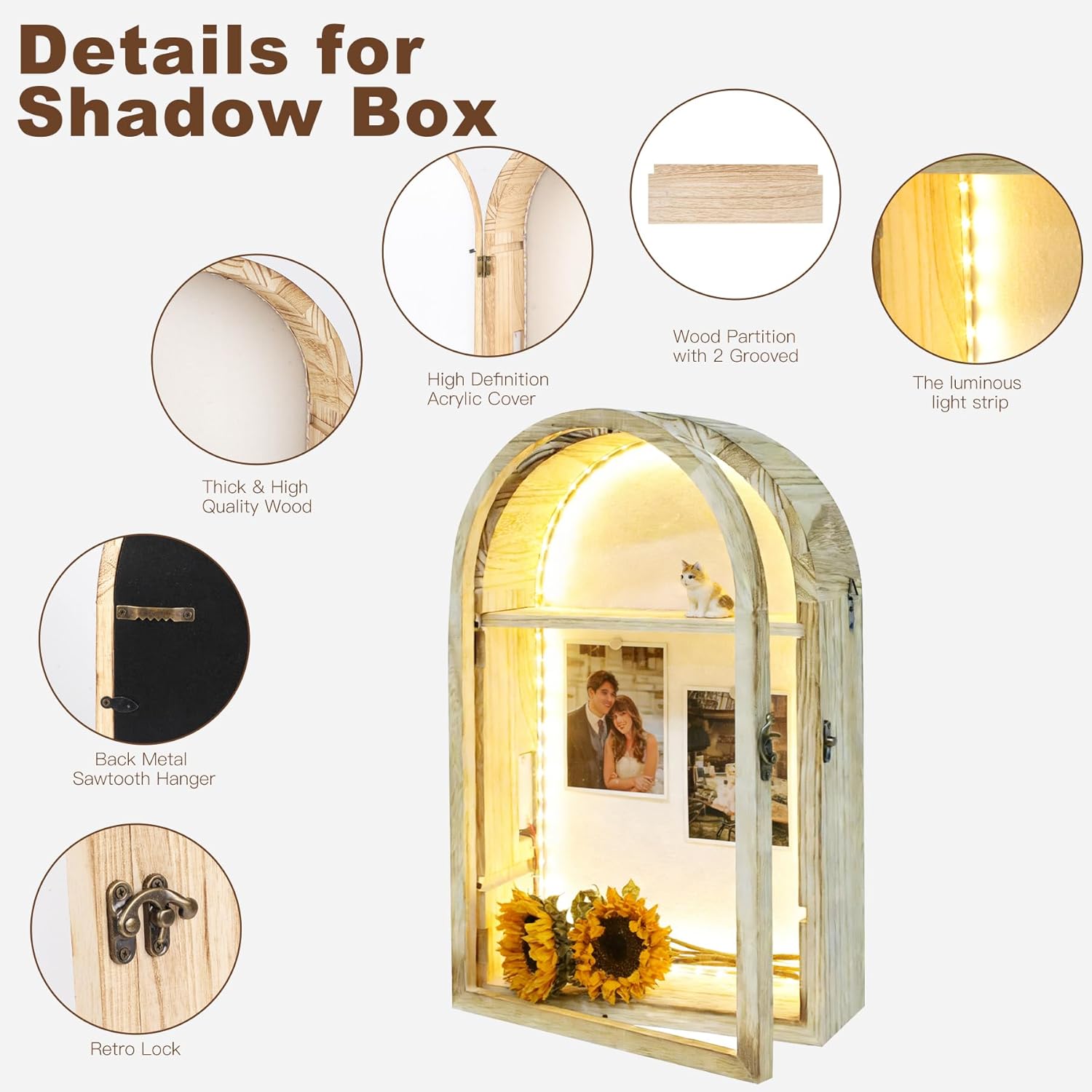 Shadow Box Frame with LED Lights 10x16 Display Cases with Linen Back and Removable Shelves, Picture Frame Wedding Bouquet Memorabilia Medals Photos Memory Box for Keepsakes,Tickets and 3D Items