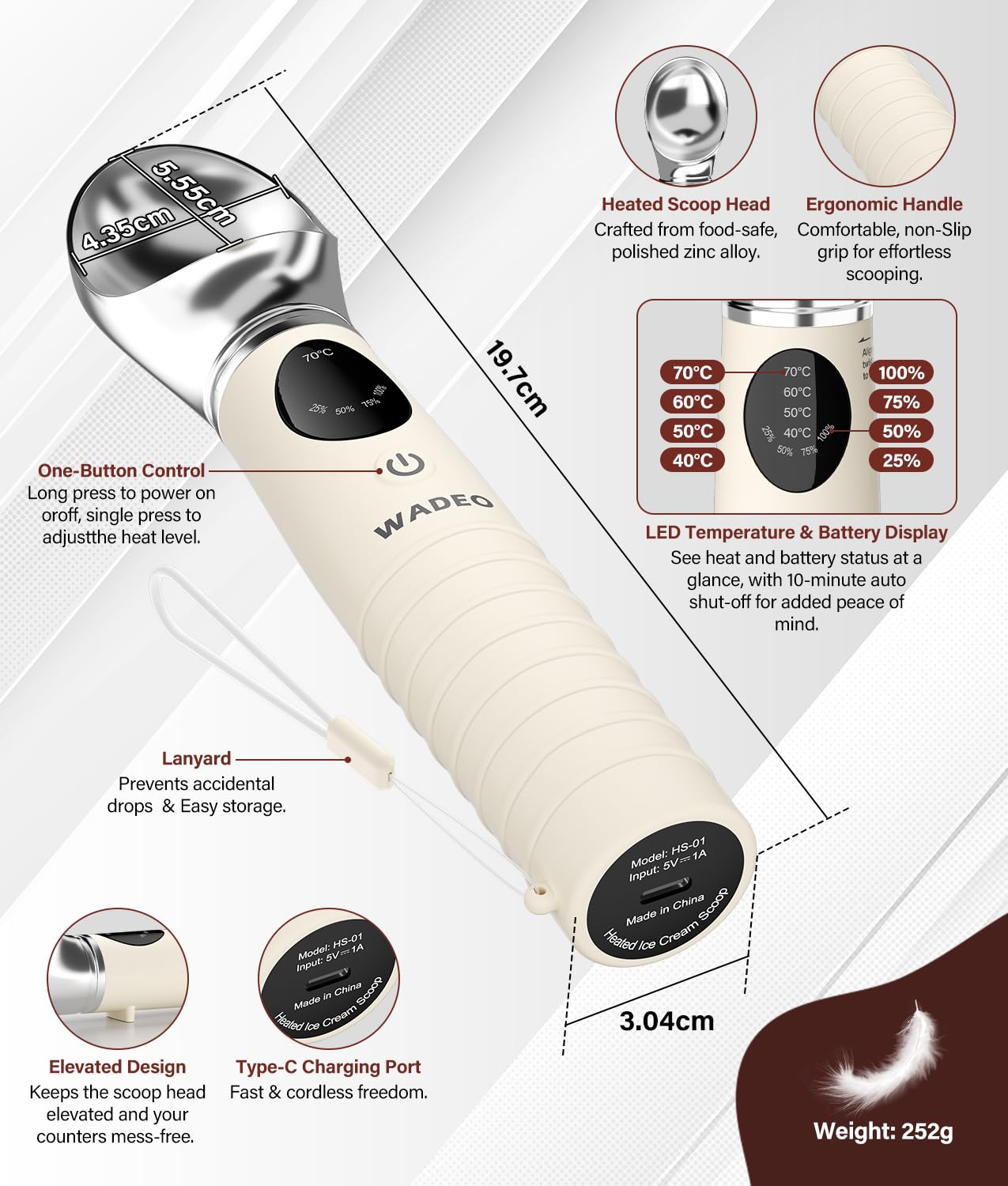 WADEO Cuchara de helado calentada recargable, cuchara extraíble con 4 niveles de temperatura y pantalla LED, apta para el lavavajillas, ideal para helados duros, gelato y yogur helado