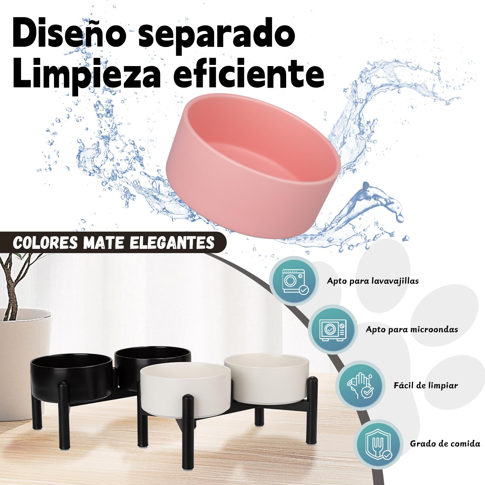 Comedero Perro Elevado de Cerámica - Cuenco Doble con Soporte de Acero Inoxidable - Platos para Perros Pequeños y Medianos - 660 ml x 2 - Negro