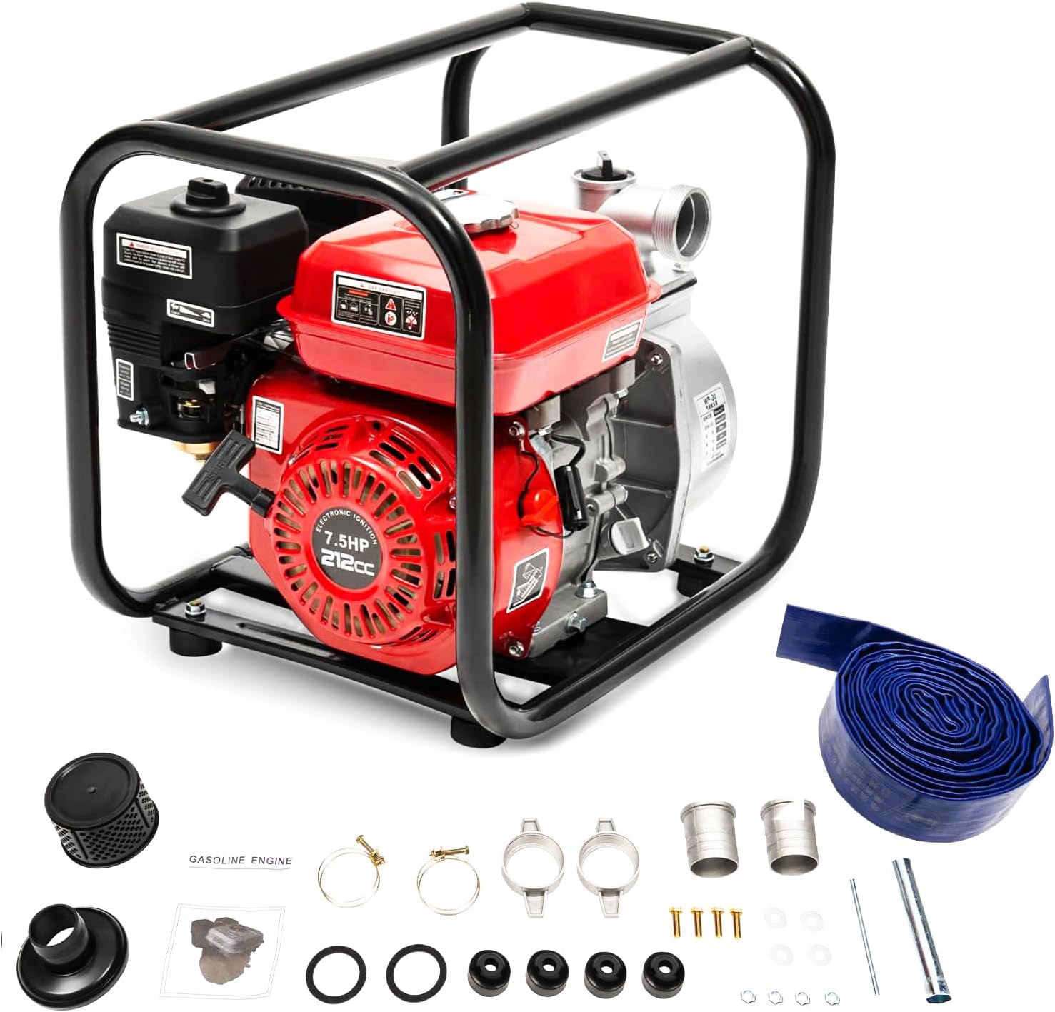 2 Inch Gas Powered Trash Water Transfer Pump, Gasoline Engine Water Pump, 85.3Ft Lift, 26.25ft Suction, 212CC 4 Stroke High Pressure with 24.61Ft Hose, 0.95 Gal Fuel Tank for Irrigation