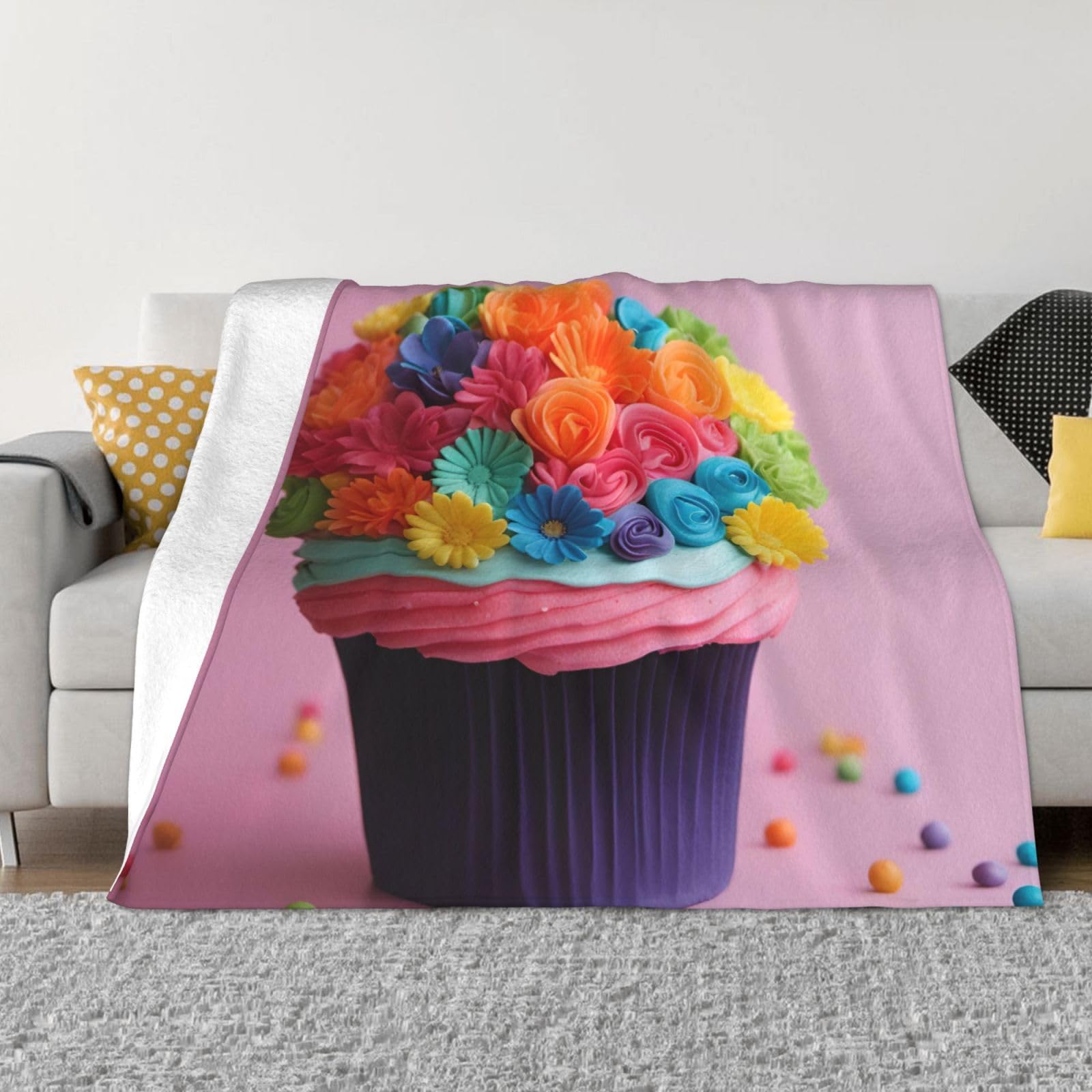 Couverture polaire lit douillette avec motif imprimé cupcake arc-en-ciel