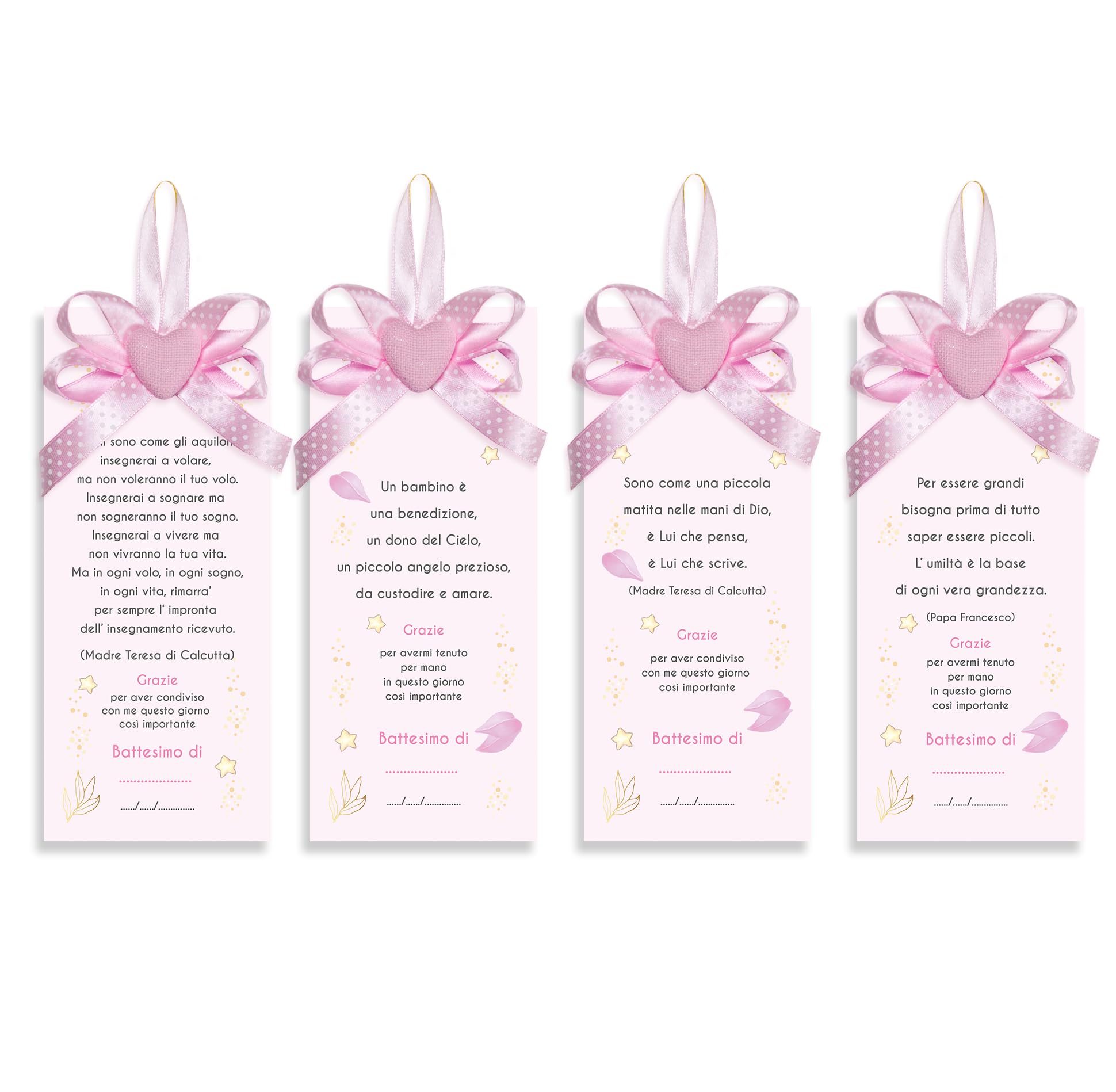 Mareli A10R-SL Kit of 4 Bookmarks for Wedding Favours Place Cards for Baptism, Pink Christening