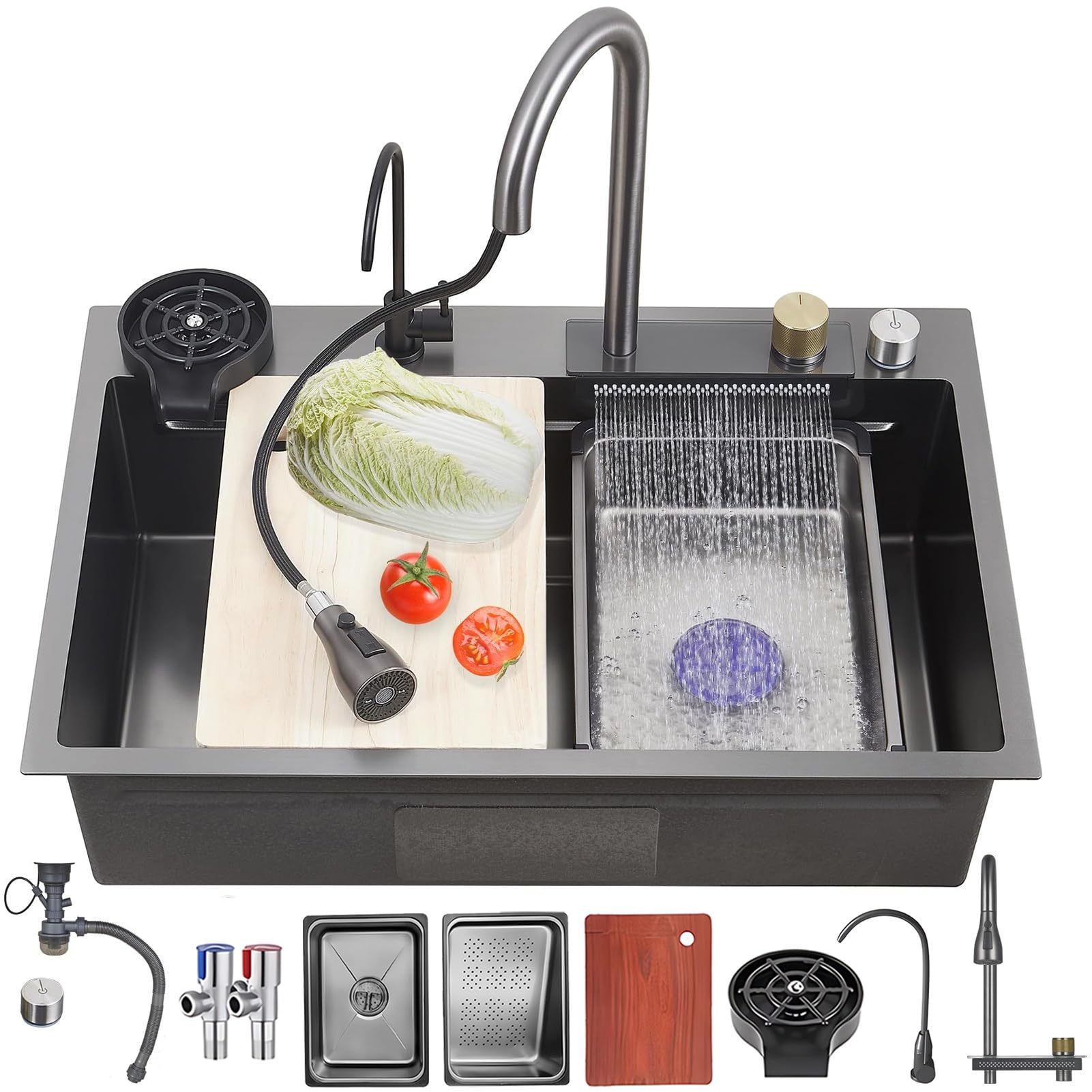 ZQFHSX Multi-Functional Stainless Steel Kitchen Sink Set - 13-Piece with Digital Display Pull-Out Faucet Single Bowl Workstation & Cup Washer Black-Grey 75x45cm