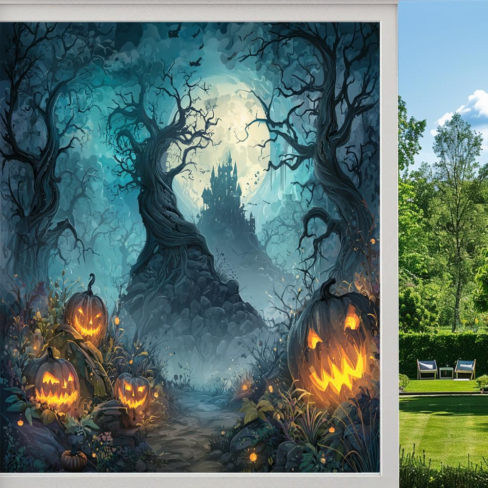 Dark Horror Pumpkin Frosted Window Film, Halloween Night Castle Stained Glass Privacy Film, Heat Insulation Self-Adhesive Vinyl for Bathroom Office, （55x100cm）