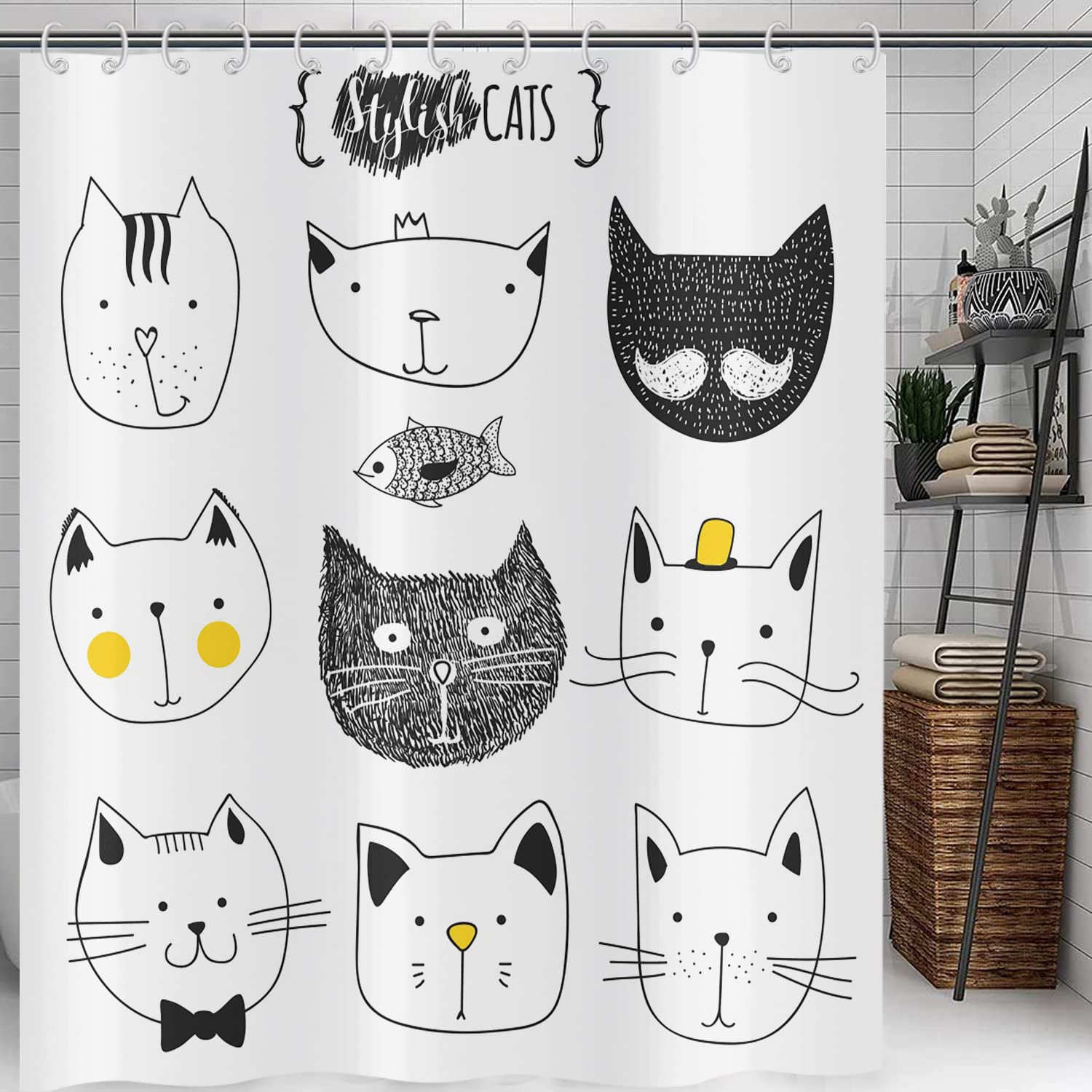 Hnmdmyi Funny Cat Shower Curtain 120x200, Black and White Bathroom Curtains Abstract Moustache Bow Tie Hat Crown Fluffy Kitten and Fish Humor Faces Graphic Waterproof Polyester Fabric Bath Curtains