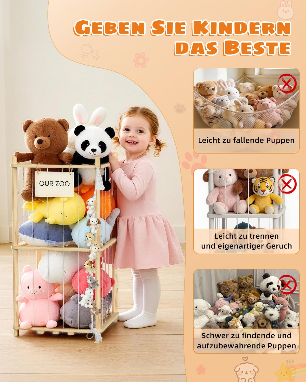 JINDUN Kuscheltier Aufbewahrung Aus Holz, 95cm Höhe Aufbewahrung Kuscheltiere, mit Stofftier AufbewahrungHängend, für Kinderzimmer/Wohnzimmer