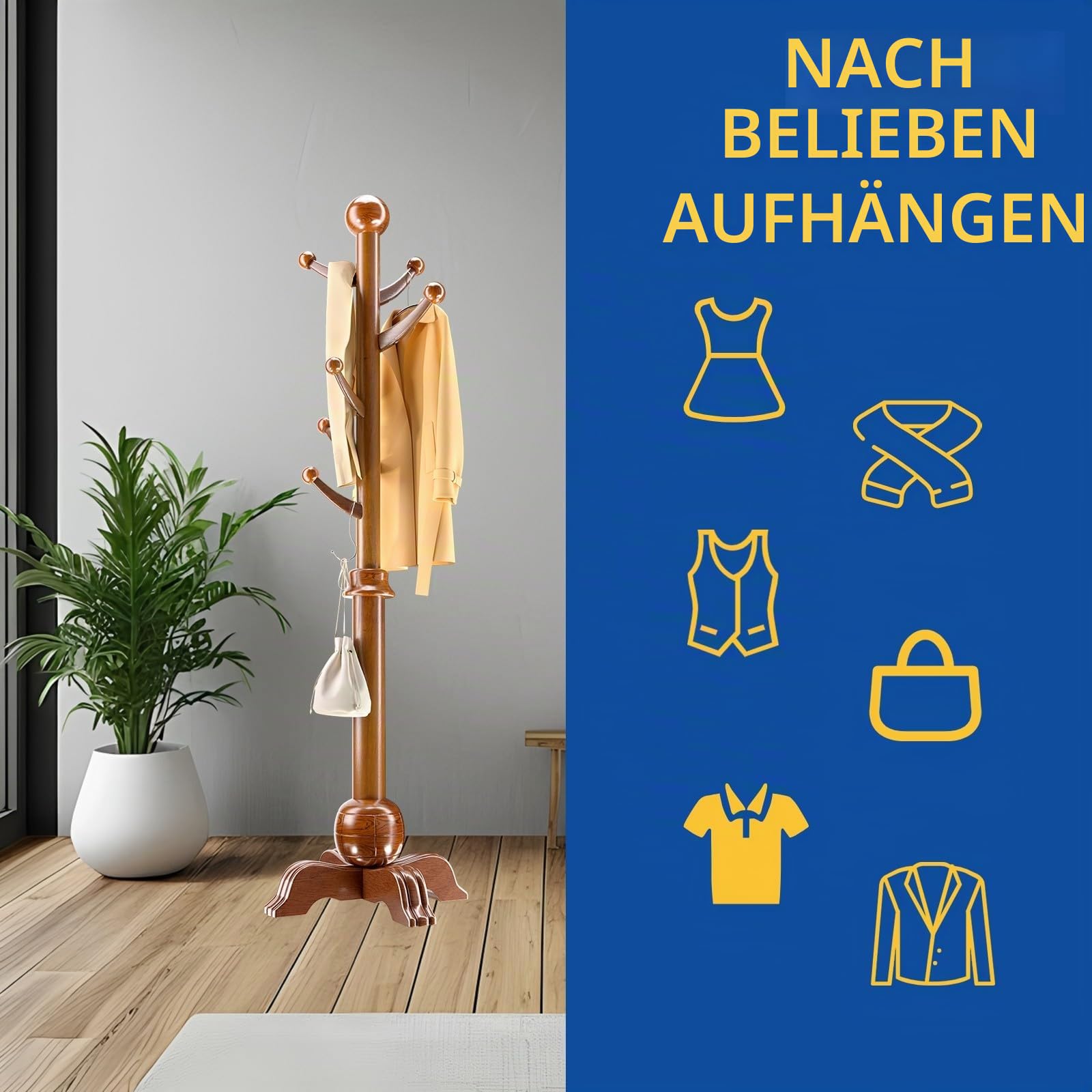 Garderobenständer aus Massivholz mit Vierfüßiges Gestell, Garderobe in Baumform mit 6 CM Dickerer Hauptpol, Jackenständer mit 7 Haken, für Jacken, Mäntel, Taschen, Schals