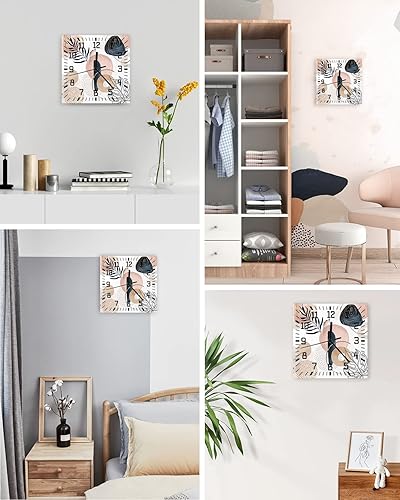 Miniatura 4 de Reloj de pared de madera bohemio con diseño abstracto, silencioso, sin tictac, color azul marino, rosa, planta tropical, reloj de pared cuadrado,