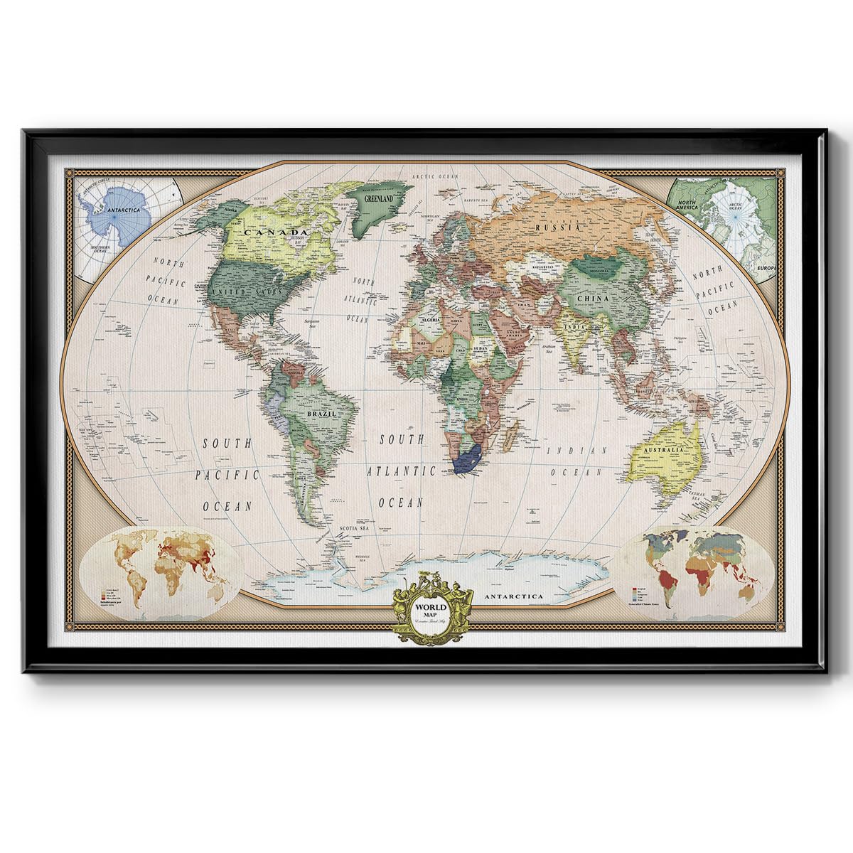 Renditions Gallery Colorful World Map Canvas Wall Art with Black Frame Wall Hanging Travel Map with Push Pins for Home, Office, Classroom