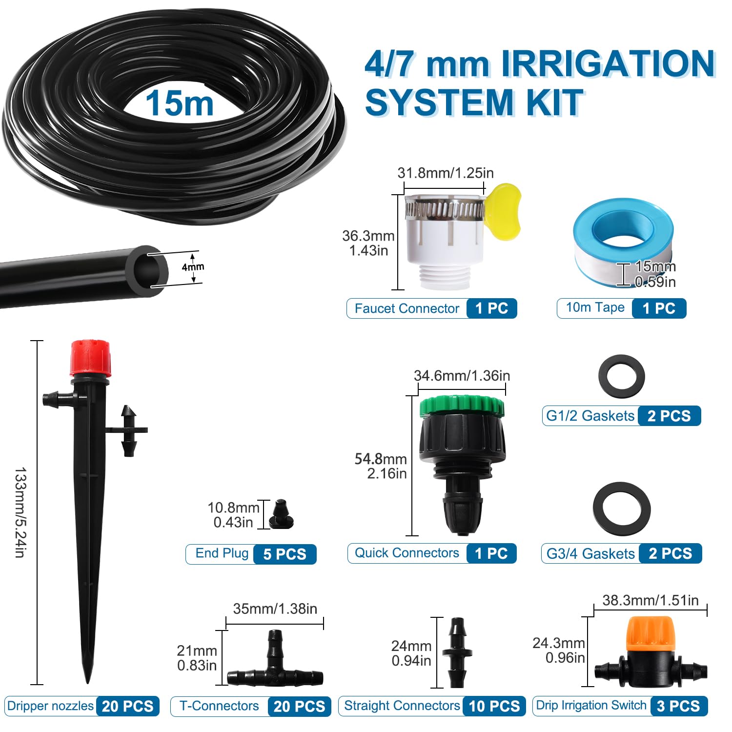 VooGenzek 66 PCS 4/6 mm Irrigation System Kit, 15m Irrigation Hose, DIY Auto Drip Irrigation Kit - Image 2