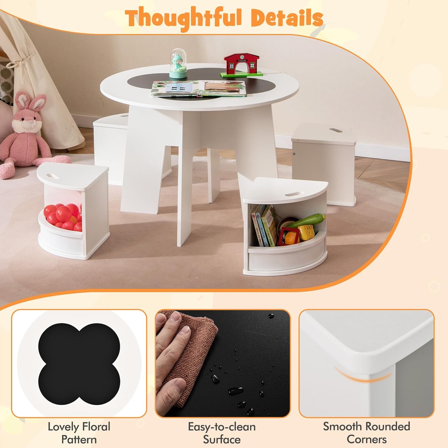 Costzon Kids Table and Chairs, 5 Pieces Children Round Table w/ 4 Storage Stools & Chalkboard Tabletop for Activity, Art, Craft, Eat, Toddler Table and Chair Set