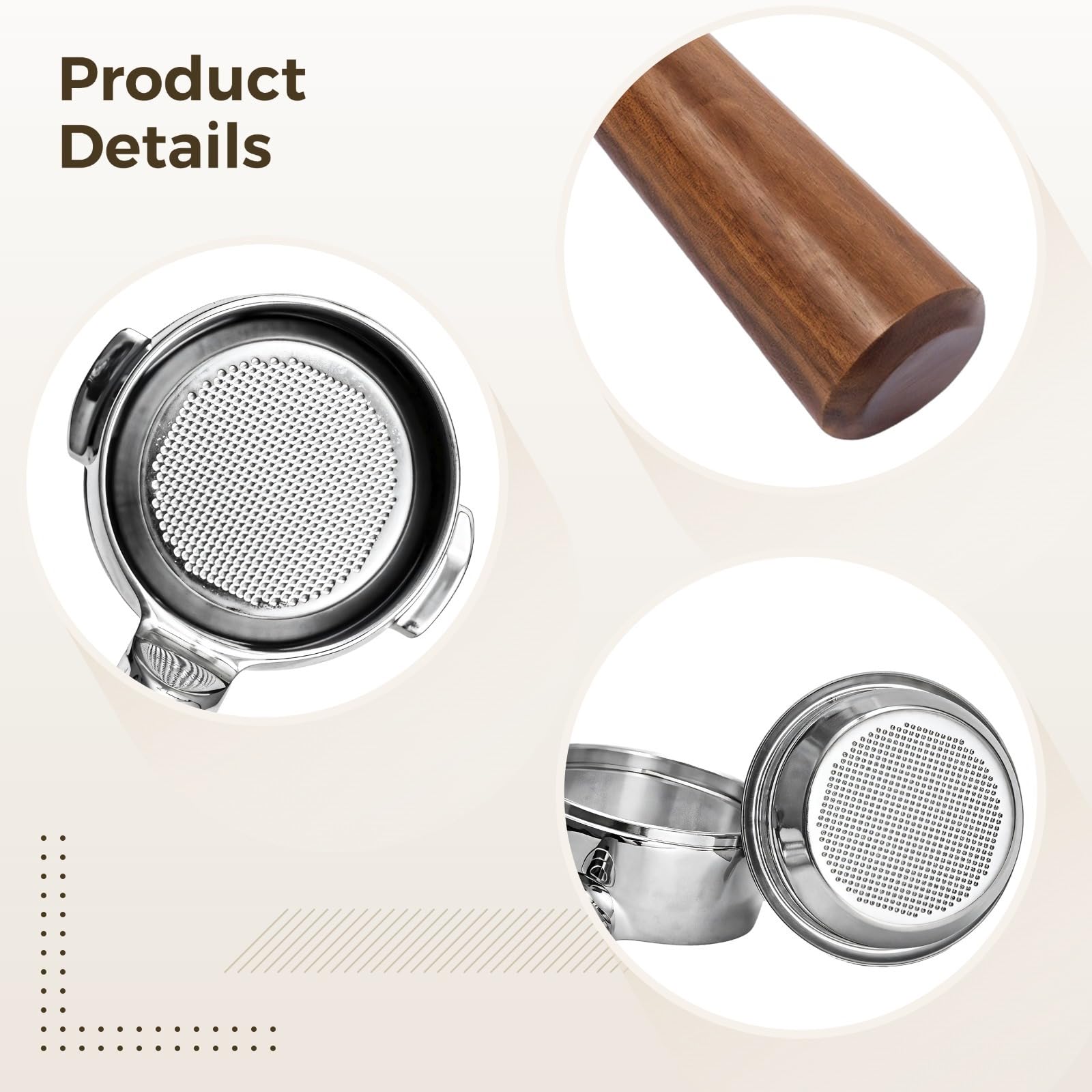 Portafiltro sin fondo de 2.3 pulgadas para grupo E61, cesta de acero inoxidable con mango ergonómico de madera, compatible con Flair 58, ECM, Rocket, Sanremo, Synesso, Slayer, VBM, WEGA, Milesto