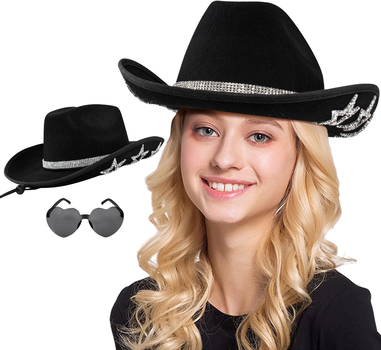Cowboy Hat With Heart Shaped Sunglasses for Beach Sun Hat Women Girls Shiny Rhinestone Fashion Cowgirl Felt Hat For Headdress Cowgirl Hat Western Party Music Festival Costumes, 45