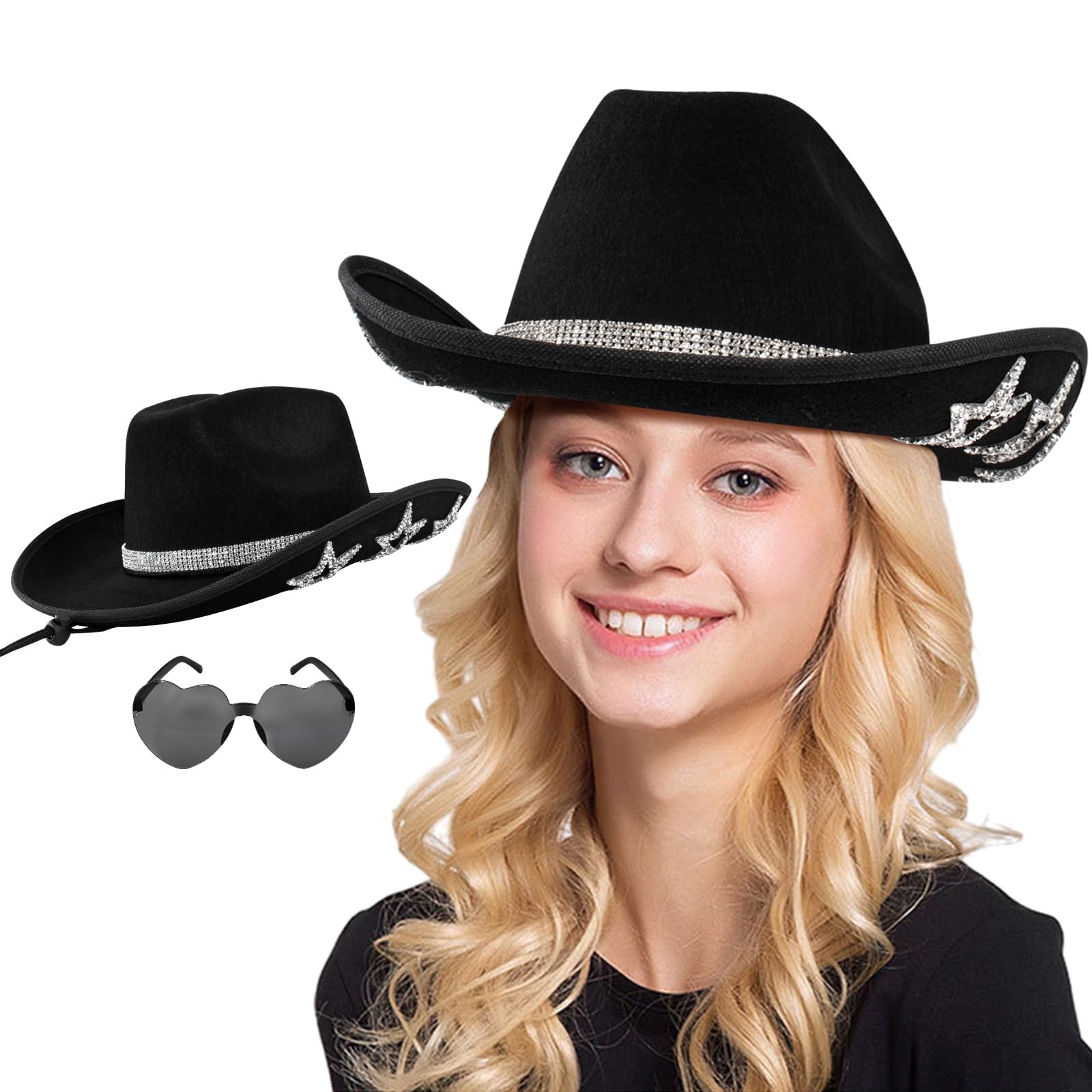 Cowboy Hat With Heart Shaped Sunglasses for Beach Sun Hat Women Girls Shiny Rhinestone Fashion Cowgirl Felt Hat For Headdress Cowgirl Hat Western Party Music Festival Costumes, 45