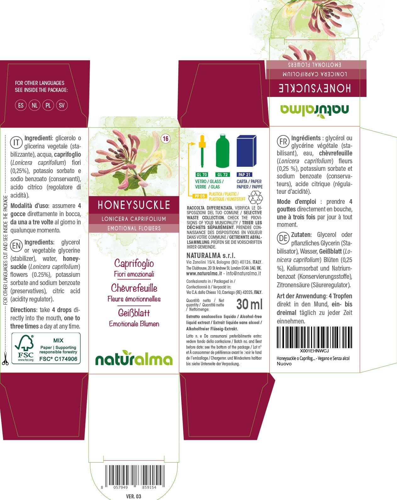 Honeysuckle lub Wiciokrzew przewiercień (Lonicera caprifolium) Kwiaty emocji lub Kwiaty Bacha Naturalma - Krople 30 ml - Płynny ekstrakt bezalkoholowy - Esencje kwiatowe - Wegański