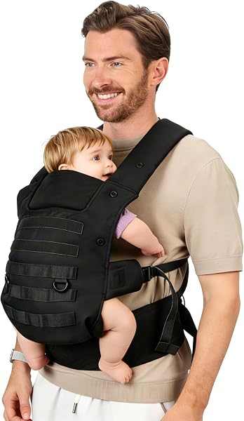 PDBEST Babytrage für Papa, Ergonomische Baby Trage mit Hüftgesunde (4-36 Monate), 3-in-1 Baby Carrier für 3,5-15kg, Leicht, Atmungsaktive, Einhandbedienung für Unterwegs & Reisen Schwarz - 1