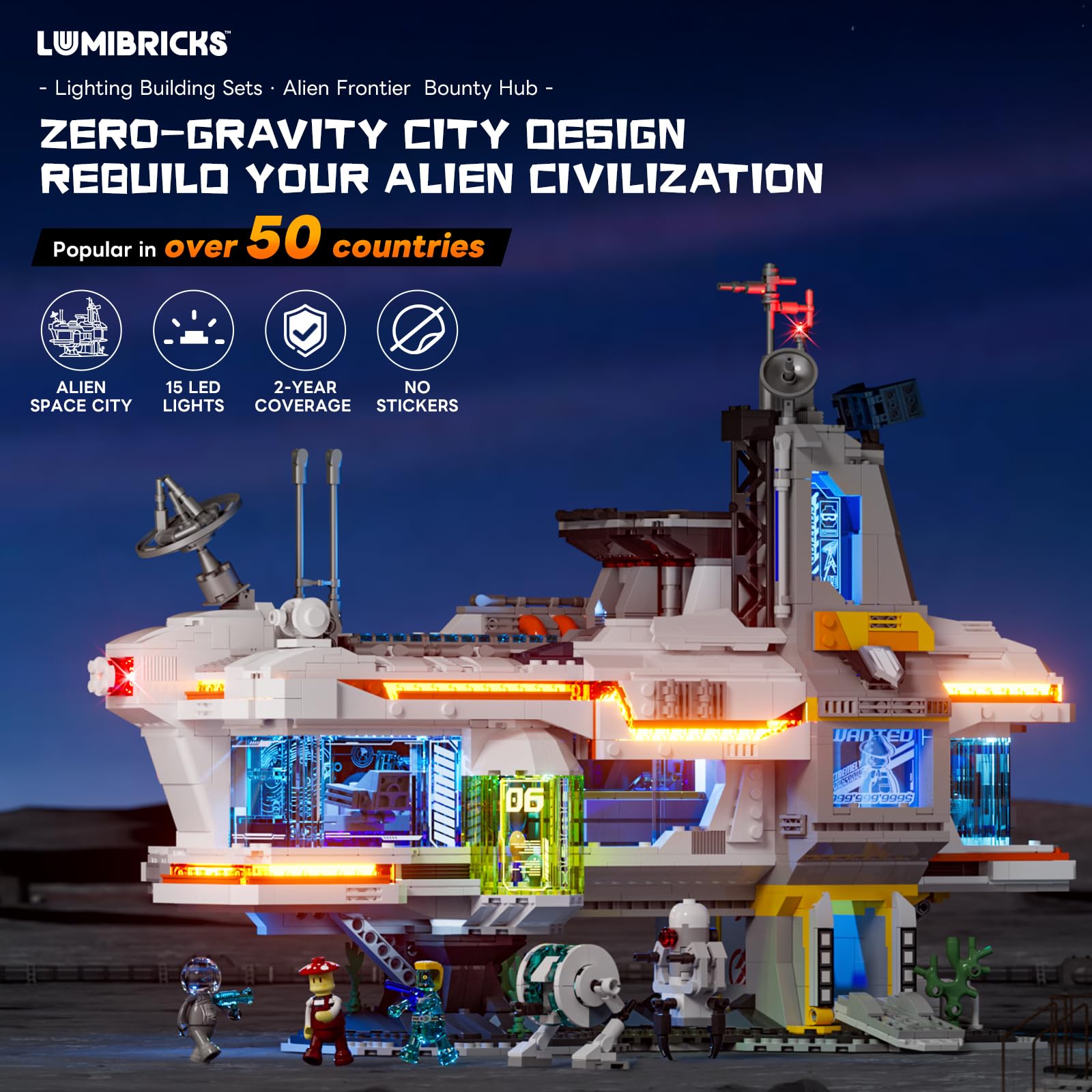 Lumibricks Space Hub Łowcy Nagród podświetlany zestaw klocków – futurystyczny budynek modułowy Alien-Cyberpunk z minifigurkami, 2309 części, prezent dla dorosłych i nastolatków