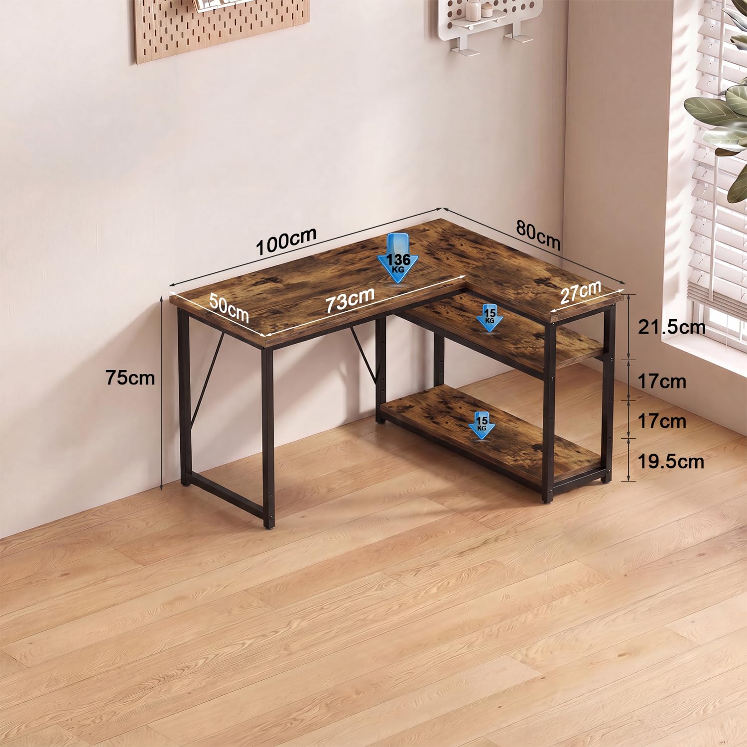 JUMMICO Scrivania Angolare Compatta a Forma L 100 x 80 cm Marrone | con Ripiano Portaoggetti, Tavolo Multiuso per Casa e Ufficio, Finitura Rovere Vintage, Tavola in legno, Telaio in Metallo