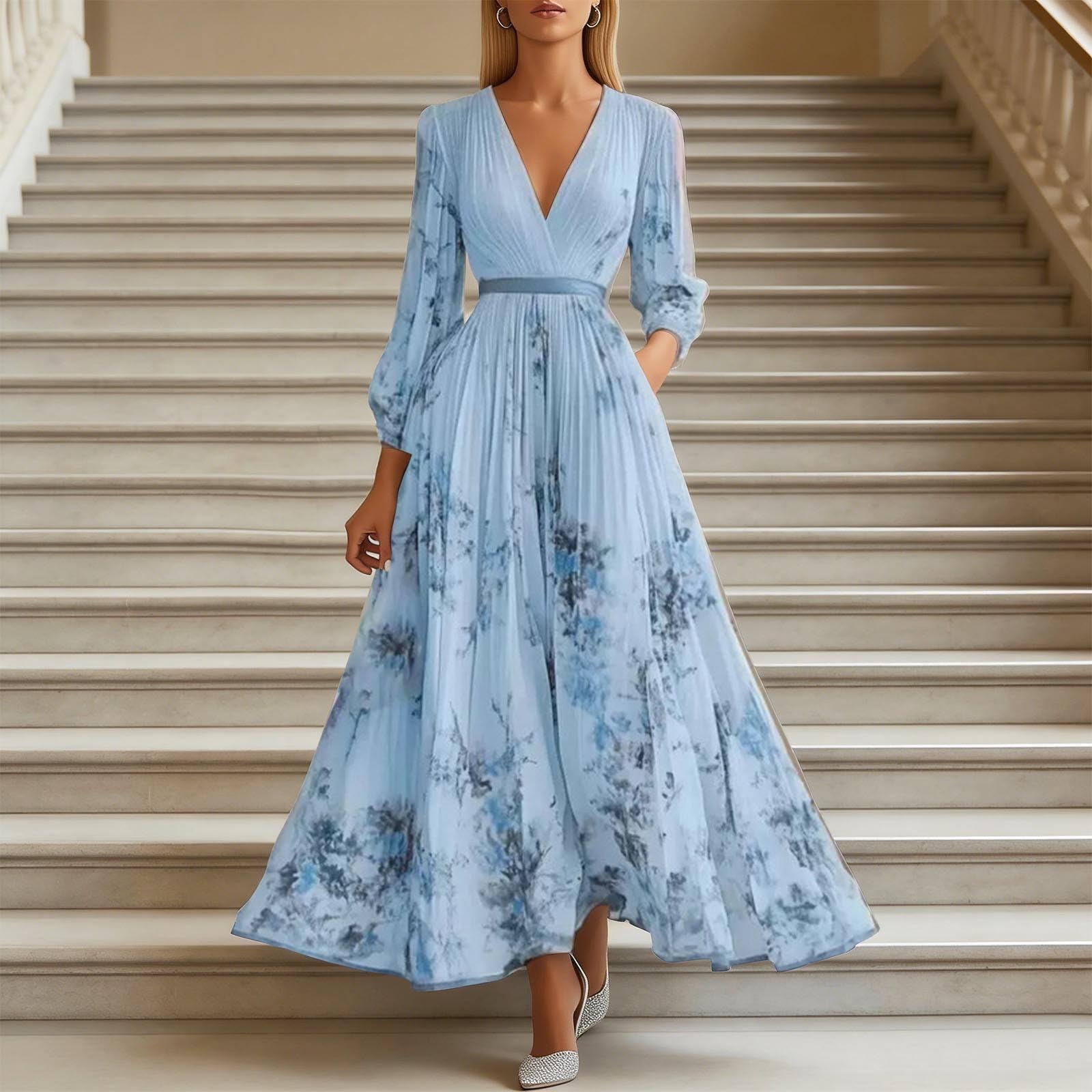 Vestido Plisado Manga Larga Estampado Floral, Cuello Casual Fluido Verano Mujer