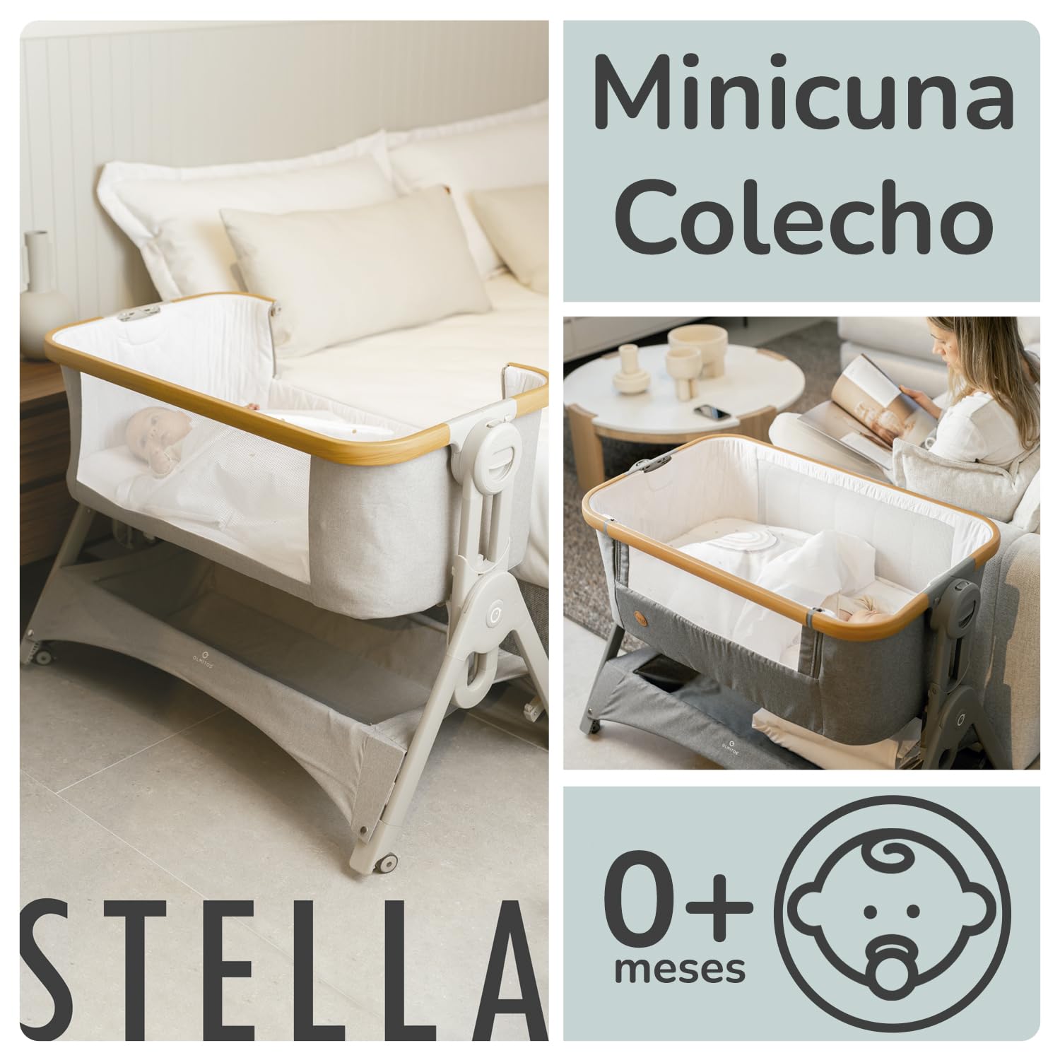 Olmitos - Minicuna de Colecho Stella – Cuna Bebé 2 en 1 Desde el Nacimiento, Altura Ajustable, Lateral Abatible, Incluye Edredón y Bajera - con mosquitera (Gris)