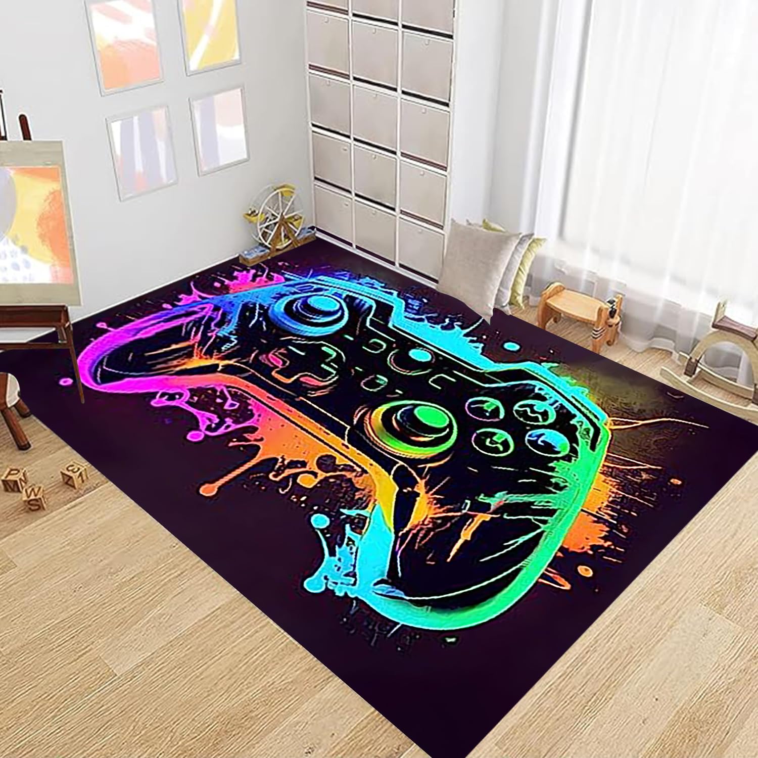 Game 3D Controller Bereich Teppich 120 x 160 cm, rutschfeste Fußmatte Graffiti Spielkonsole Dekoration, Waschbar Gamer Teppich Carpets für Gamer Jungen Teen Schlafzimmer Wohnzimmer (F)