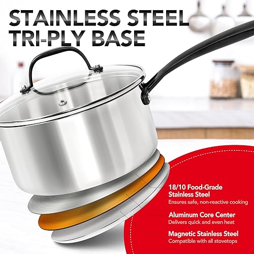 Miniatura 2 de MICHELANGELO Cacerola de acero inoxidable de tres capas con tapa, 6 unidades, sartenes de acero inoxidable con mango frío, juego de 6 ollas