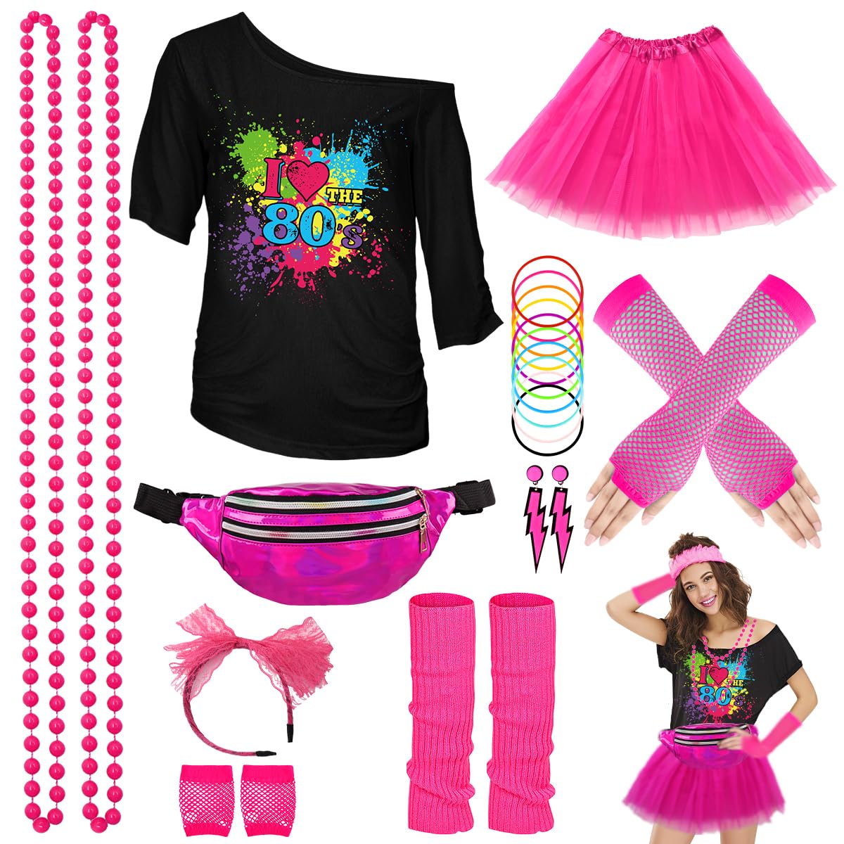 WILDPARTY Accessoires de costume des années 80 pour femme, t-shirt tutu, bandeau, boucles d'oreilles, collier, gants en résille, jambières