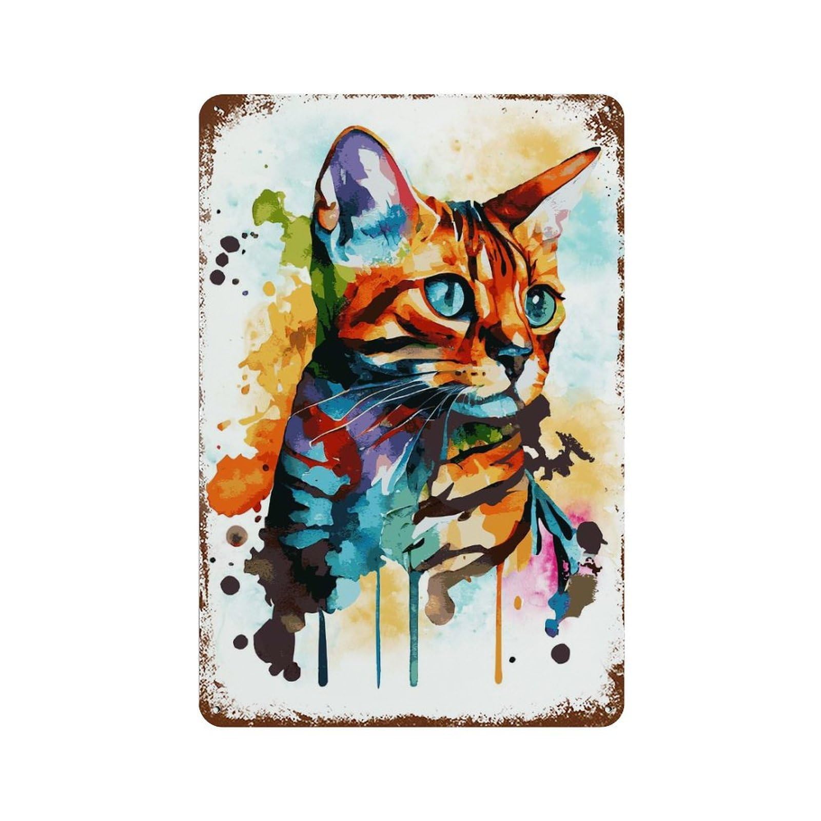 Watercolor Bengal Cat Rust Effect Tin Sign 11.8"x7.9", for Bistro, Counter And Cafe Decor, Decorative Metal Wall Art