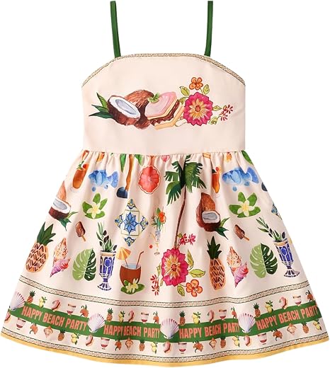 PAMBERSTON Girls Coconut &amp; Floral Print Summer Frock, Cotton Knee-Length A-Line Dress with Square Neck and Sleeveless Desi...