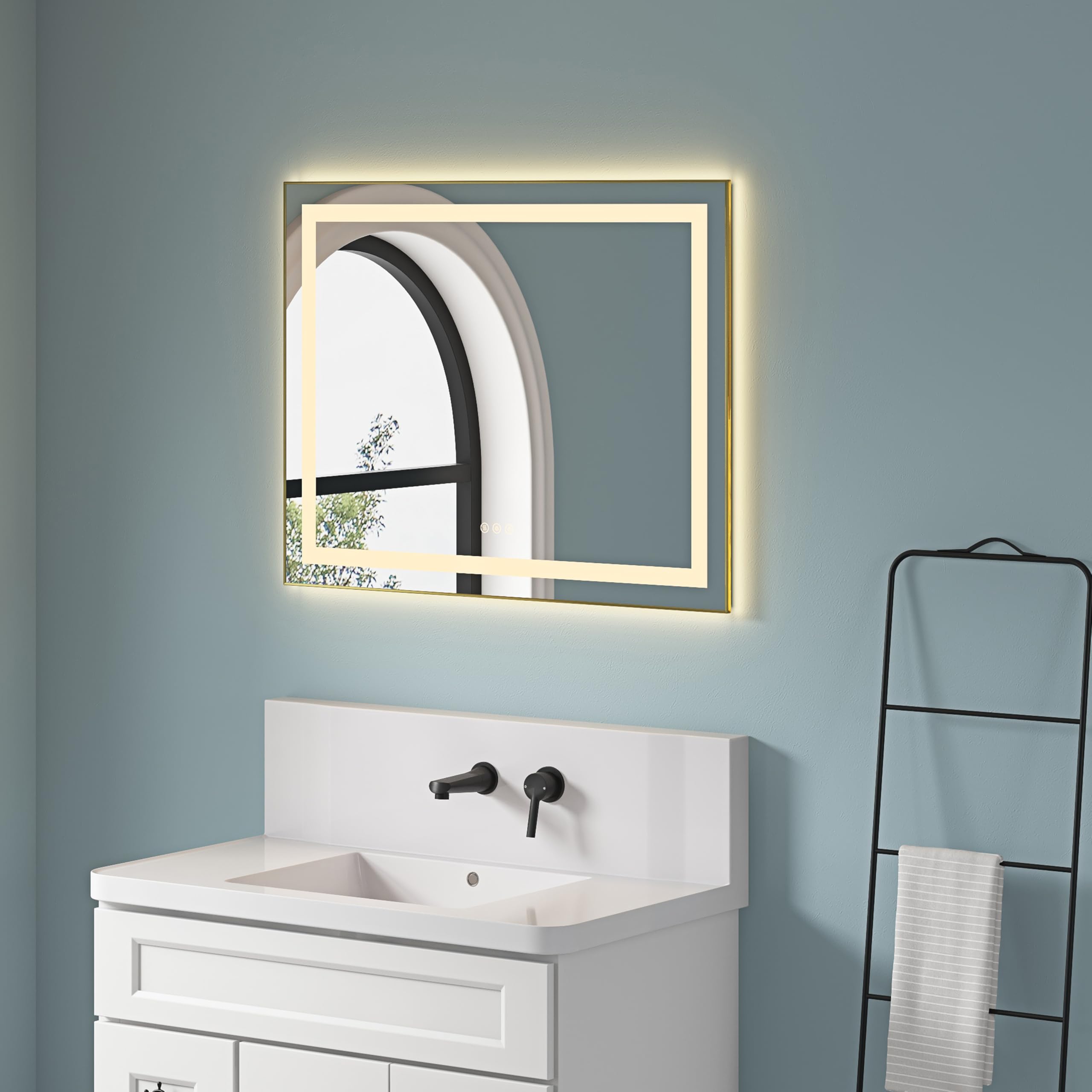 Wekuku 36/28 Inches Led Bathroom Mirror with Front & Backlight, Wall Mounted Vanity Mirror,-Fog, Memory, 3 Colors, Stepless Dimmable – Brushed Gold Aluminum Frame