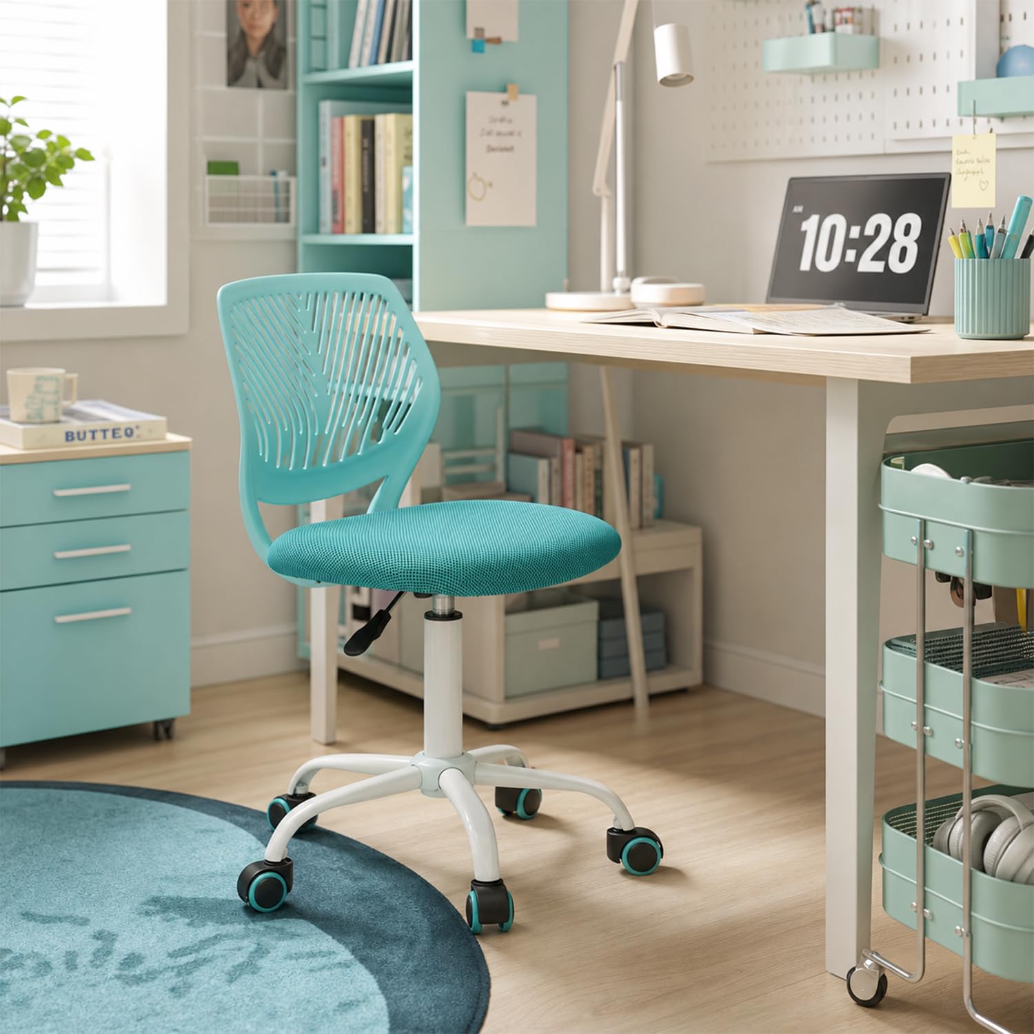 Sedia da ufficio ergonomica in tessuto, 45,5 × 39 × 85 cm, turchese | Girevole senza braccioli, altezza regolabile, comfort schiuma, carico 120 kg, scrivania camera da letto lettura