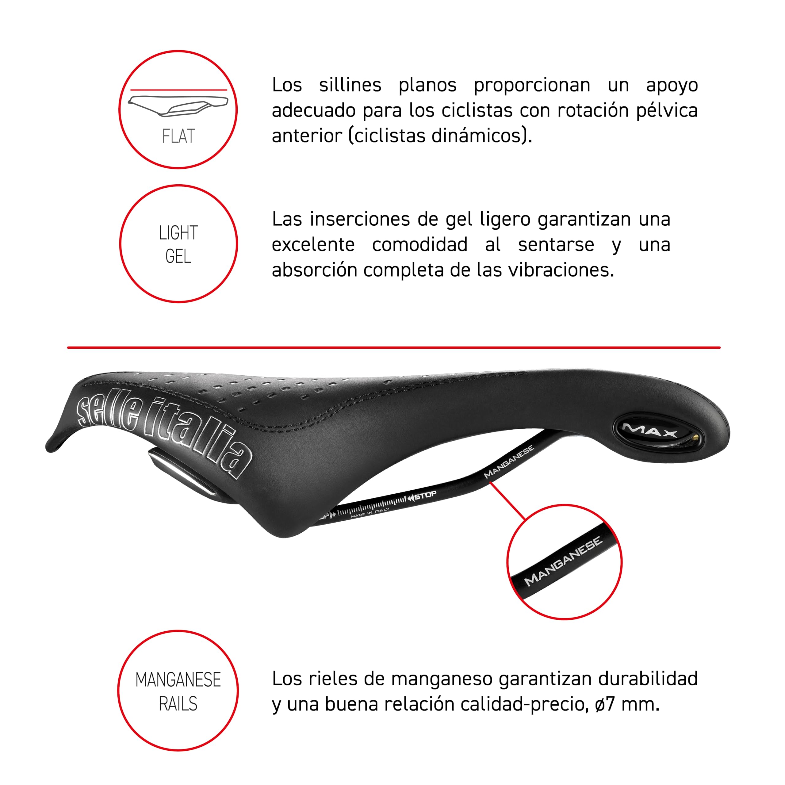 Selle Italia MAX FLITE Gel Flow Racing - Sillín Bicicleta Carretera y MTB, Agujero Anatómico, Máximo Confort, Cuadro Manganeso - Talla L3, Negro