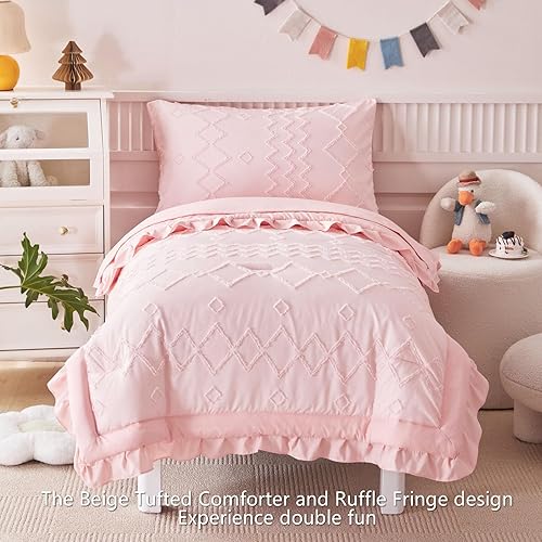 Miniatura 2 de AIKASY Juego de ropa de cama para niños pequeños de 4 piezas, súper suave, diseño bohemio bohemio desgastado para niños y niñas (edredón de flecos