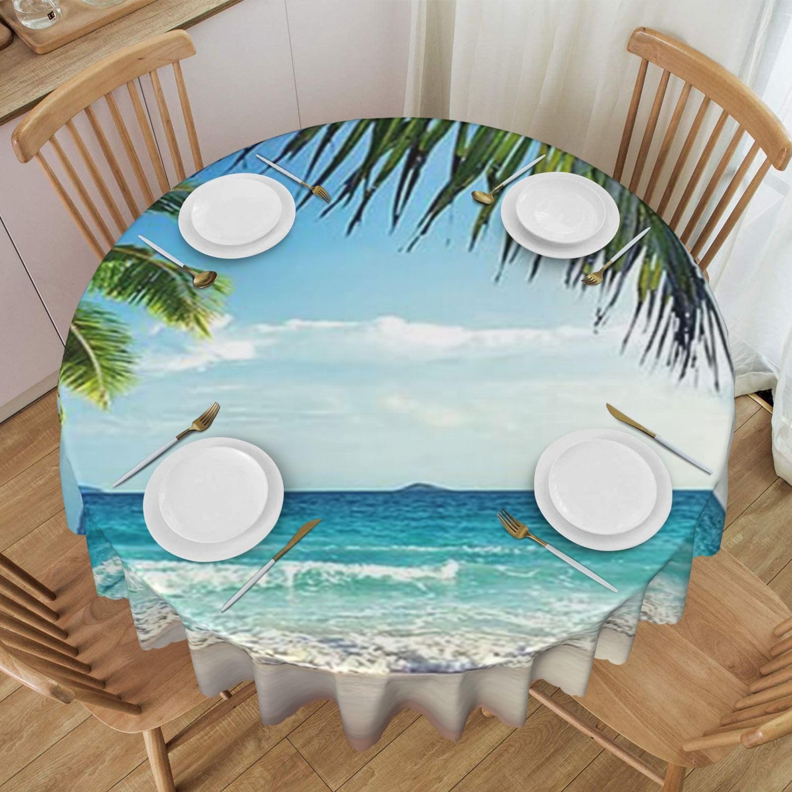 DCEHGEW 60 In Round Tablecloth with Lace, Tropical Palm Tree Hawaii Beach Printed Oilproof & Washable Fabric Picnic Table Cloth Table Covers