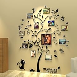 Deco Wall Paneles Decorativos Asvert 3D Pegatina de Árbol Vinilos Hojas Negros 132 * 160 cm con 11 pcs Marcos de Foto Adhesivo Decorativo de Pared para Dormitorio Hogar Oficina
