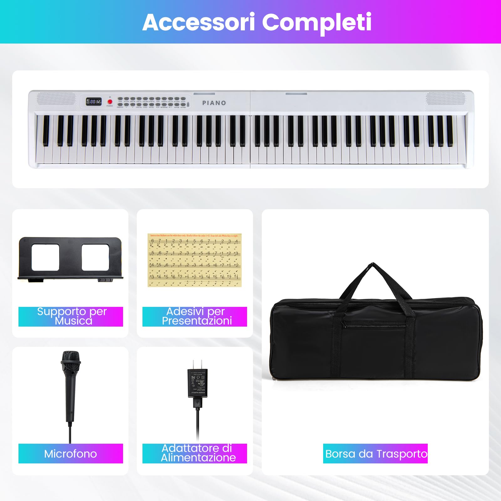 RELAX4LIFE Pianoforte Digitale Pieghevole a 88 Tasti, con MIDI Wireless, Altoparlanti Doppii, 1000 Timbri, 1000 Ritmi, Tastiera Portatile per Principianti, Bambini, Adulti (BIANCO)
