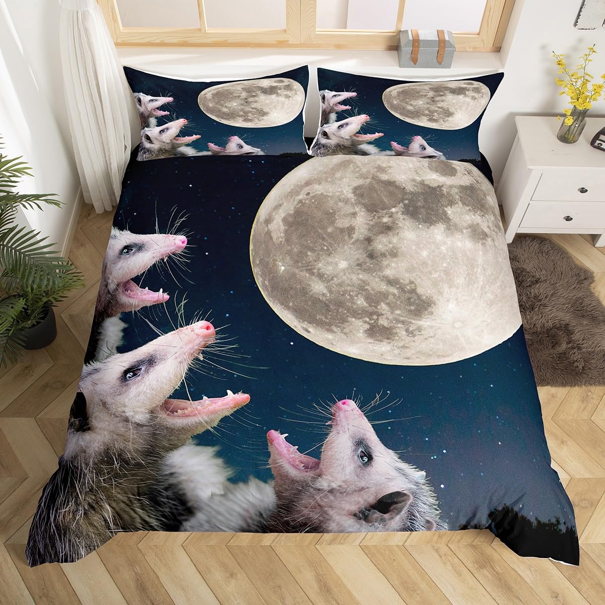 Opossum - Set di biancheria da letto per bambini, ragazzi e ragazze, con decorazione floreale, per letto matrimoniale (lenzuolo sopra + lenzuolo con angoli + federa