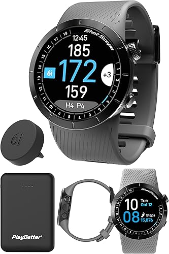 Shot Scope X5 (gris acero) Reloj GPS de golf Paquete con cargador portátil PlayBetter y 16 etiquetas de seguimiento de disparos de 2 generación