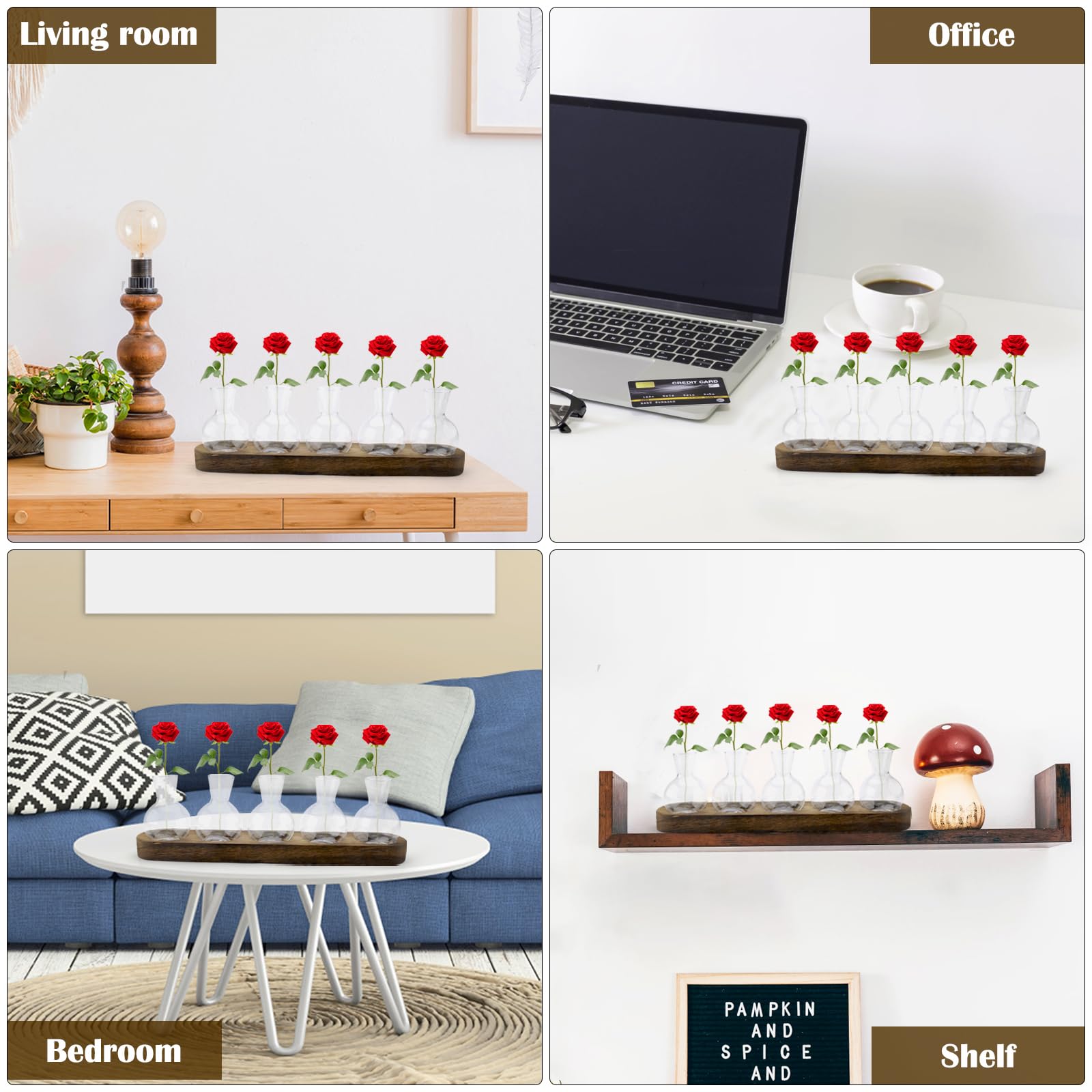 Stations de Propagation de Plantes avec Support en Bois, Lot de 5 Pots de Fleurs en Verre, Terrarium en Verre pour Plantes hydroponiques, Cadeau de Maman pour la Maison et Le Bureau