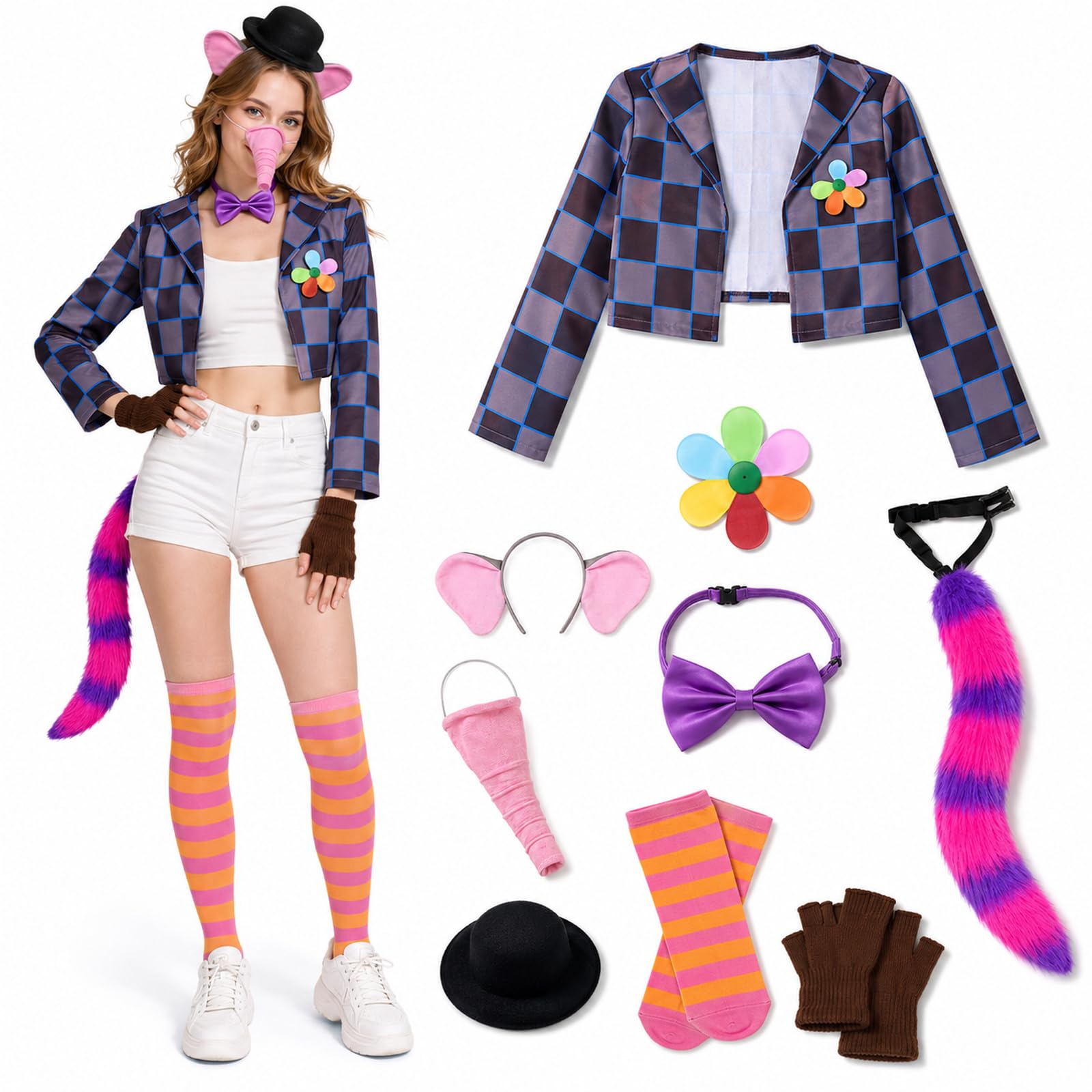 Boyigog Elephant Costume Set Adults 9Pcs Elephant Women Animal Outfit with Ears Headband Bowtie Nose Tail Gloves Socks, Elephant Fancy Dress Costume Women for Halloween Birthday Cosplay Party (XL)