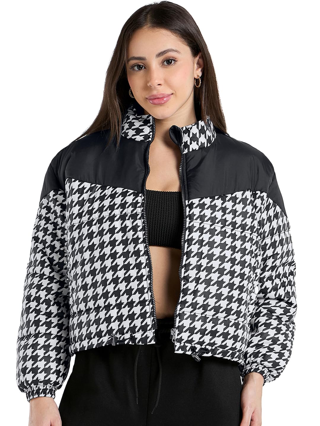 Bewakoof Women's All Over Printed Oversized Fit Full Sleeve High Neck Nylon Jacket in multi